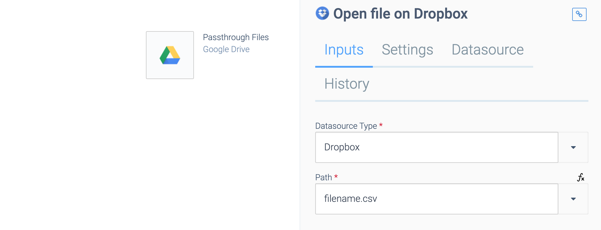 A Passthrough Files block connected to Google Drive and Dropbox.