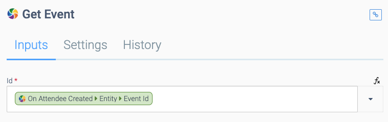 The Input tab of the Get Event block. Id is set to On Attendee Created > Entity > Event Id.