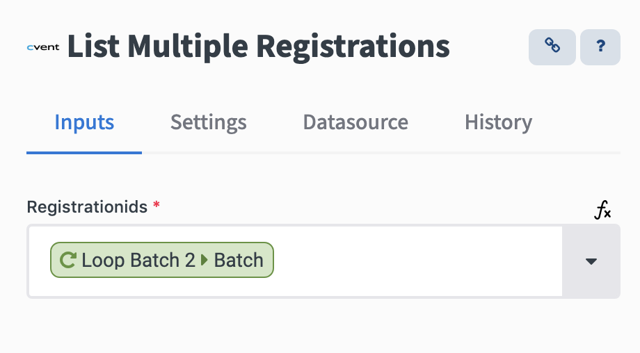 Settings of the List Multiple Registrations block. Registrationids is set to the batch from the Loop Batch block.