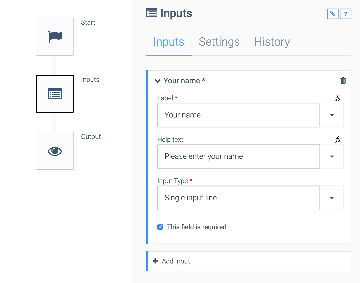 The Input block Inputs tab. The available fields are Label, Help text, and Input Type.