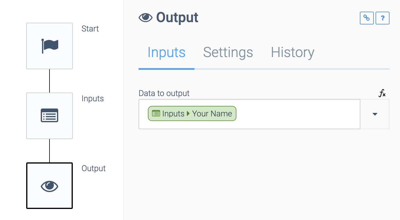 The Output block now outputs Inputs > Your Name data.