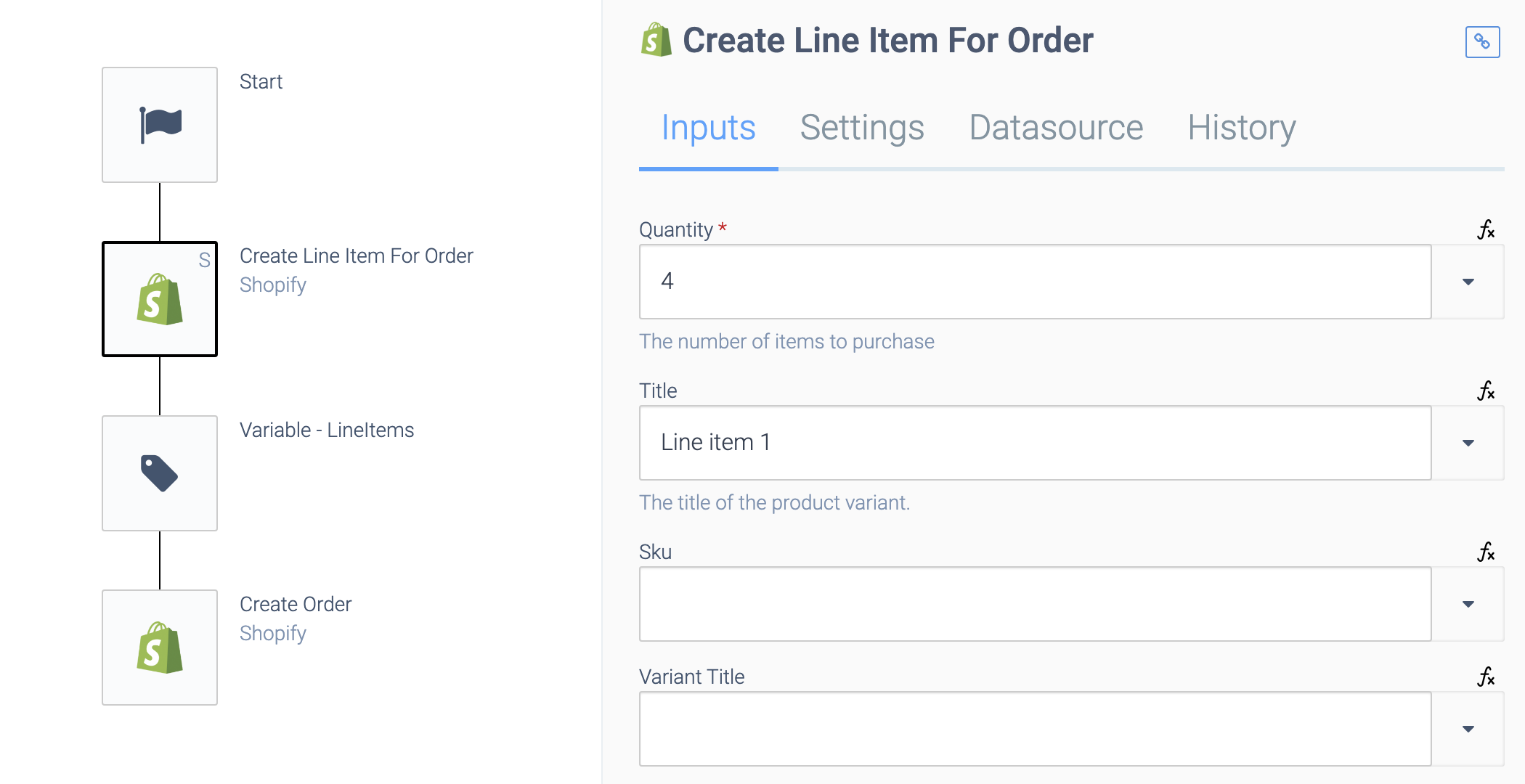 an automation consisting of a Start block, a Create Line Item For Order block, a Variable: Lineitems block, and a Create Order block. The Create line Item For Order block is selected. Quantity is set to 4.