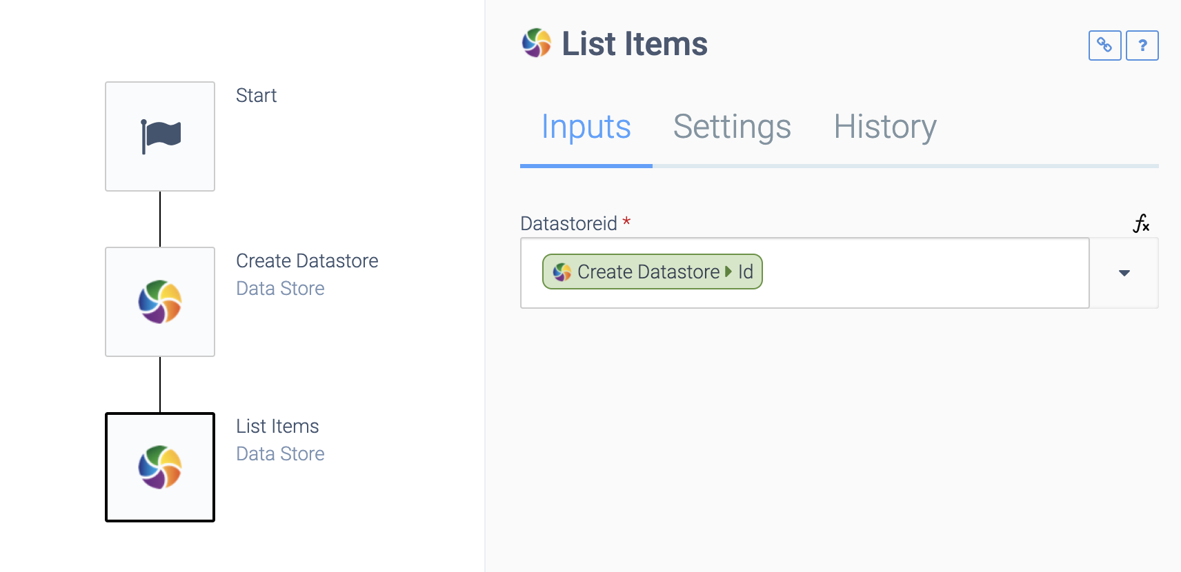 As above, but the List Items block is selected. The Datastoreid field is set to Create Datastore > Id.