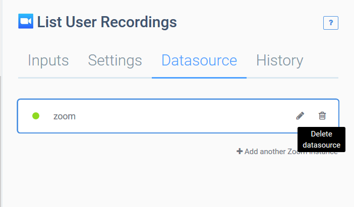 The Datasource tab of a List User Recordings block. The trash can icon to the right of zoom is selected.