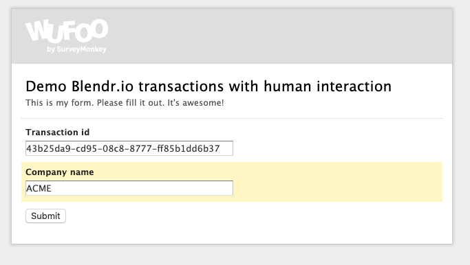 The linked form, with the Transaction id and Company name fields filled in.