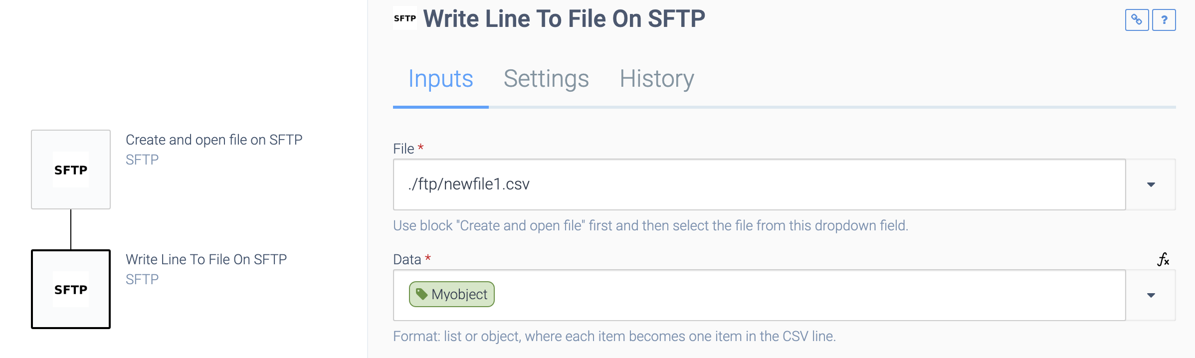 As above, but the Write Line To File On SFTP block is selected. It connects to the newly created csv file and adds an object to it.