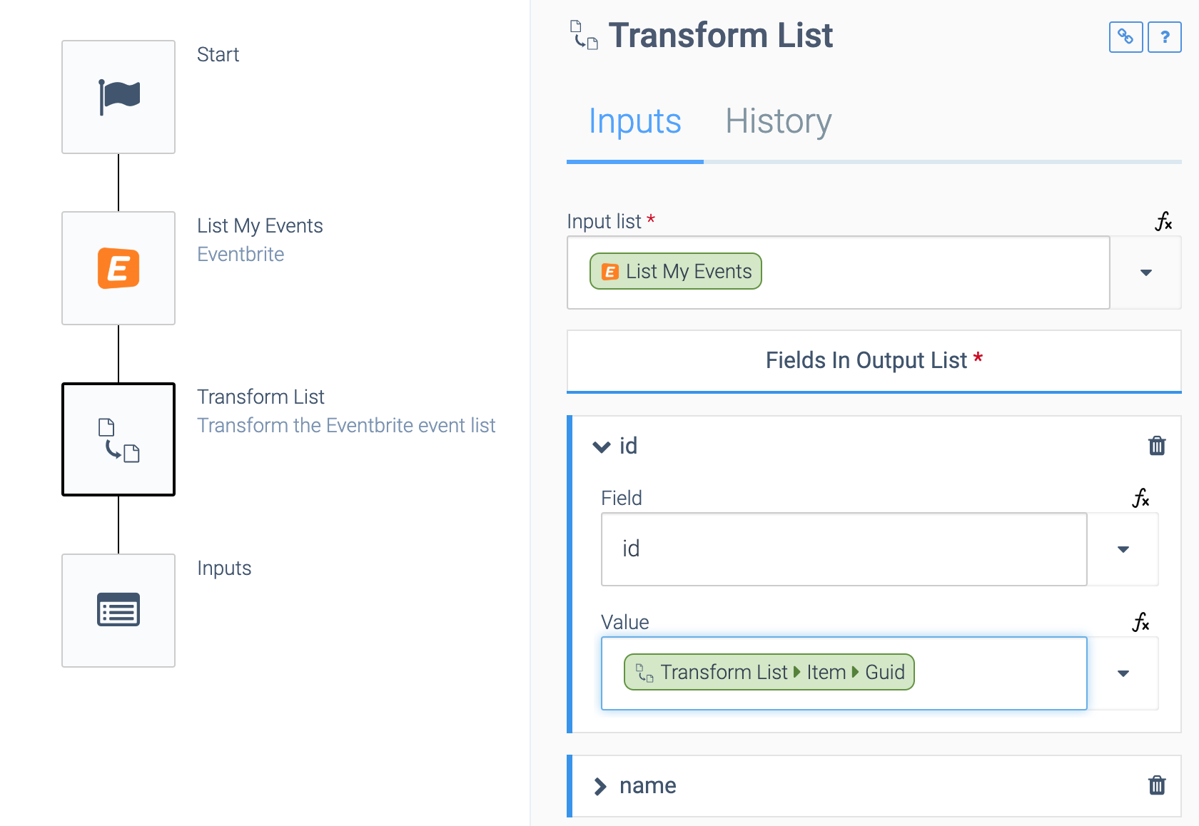 As above, but the Transform List block is selected. The Input list is set to List My Events, and the Value field under the Fields in Output List dropdown is set to Transform List > Items > Guid.
