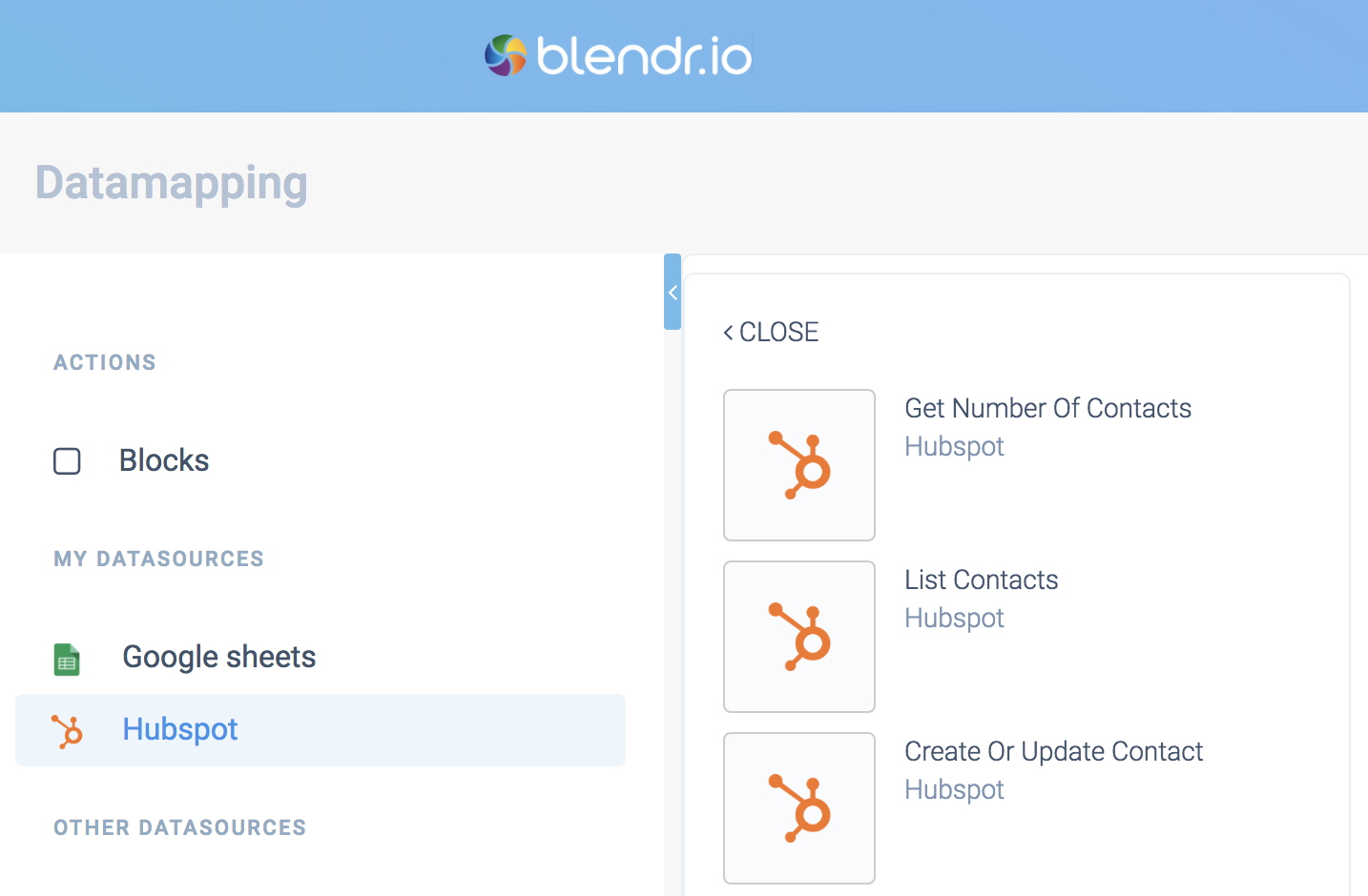 Blendr's datamapping page. Google sheets and Hubspot appear below My Datasources.