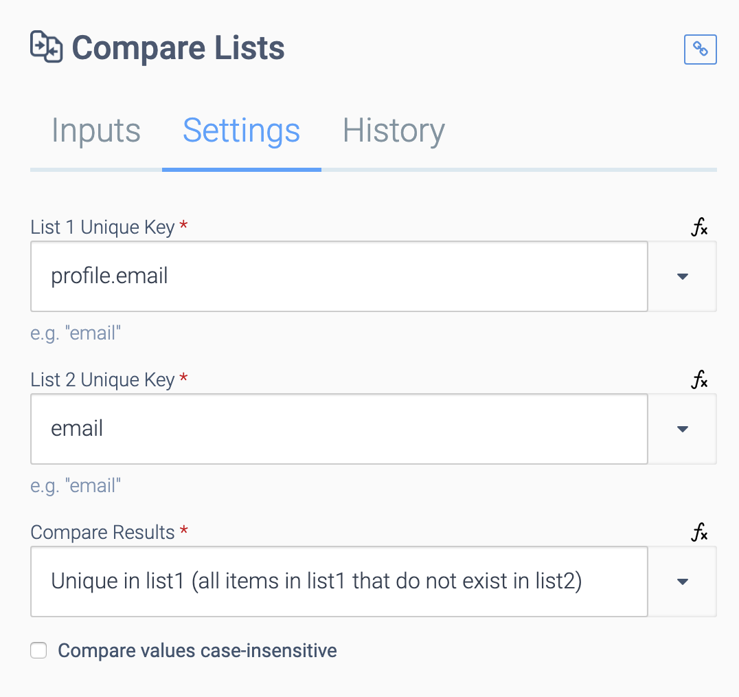 The Settings tab. It contains a List 1 Unique Key field set to profile.email, a List 2 Unique Key field set to email, and a Compare Results field set to Unique in list1.