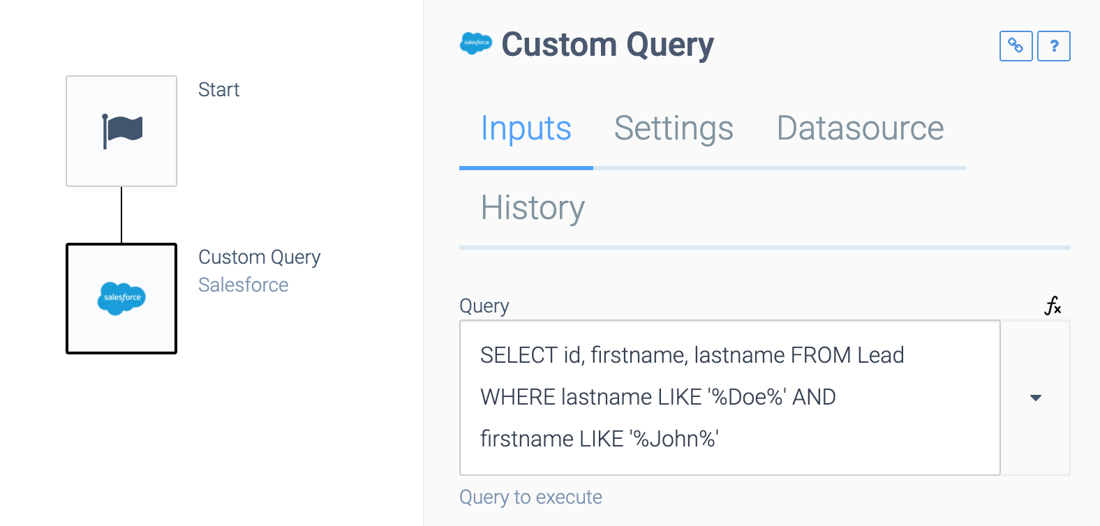 An example of a Custom Query block taking data from Salesforce.