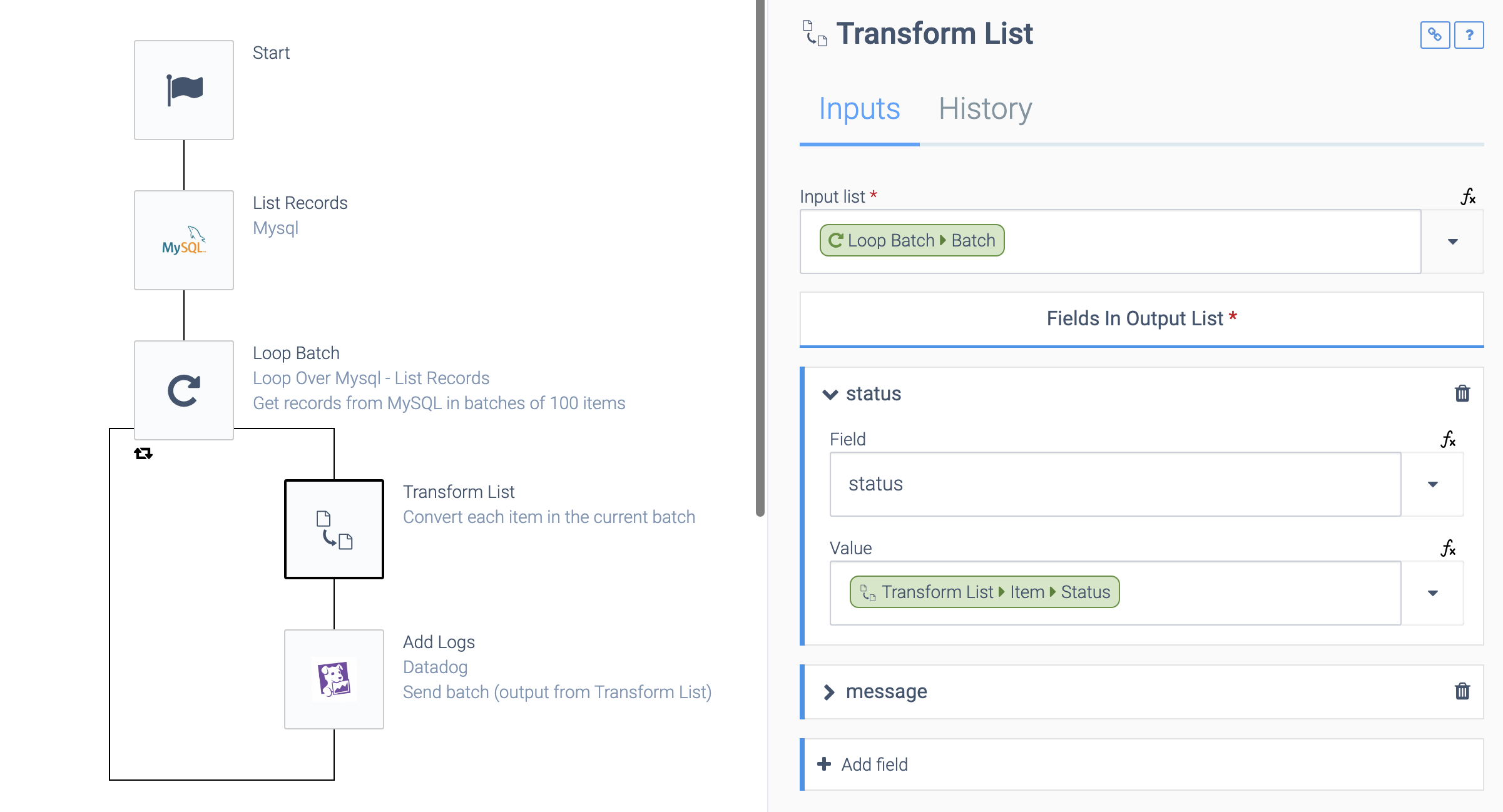 an automation consisting of a Start block, a List Records block, and a Loop Batch block containing a Transform List block and an Add Logs block in its loop. The Transform List block is selected. The Input list is set to Loop Batch > Batch, and under the status dropdown Field is set to status and Value is set to Transform List > Item> Status.