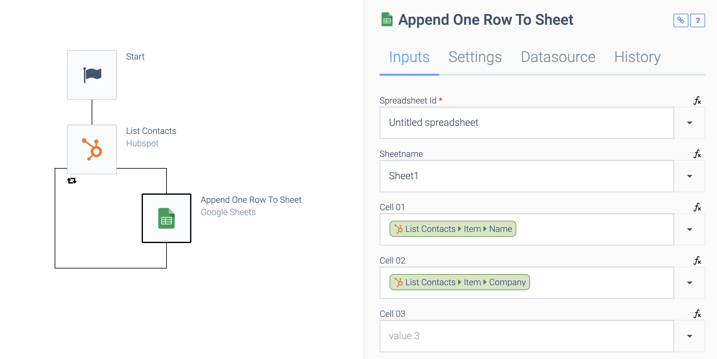 The Append One Row To Sheet's Input tab. The first cell is set to List Contacts > Item > Name, and the second is set to List Contacts > Item > Company.