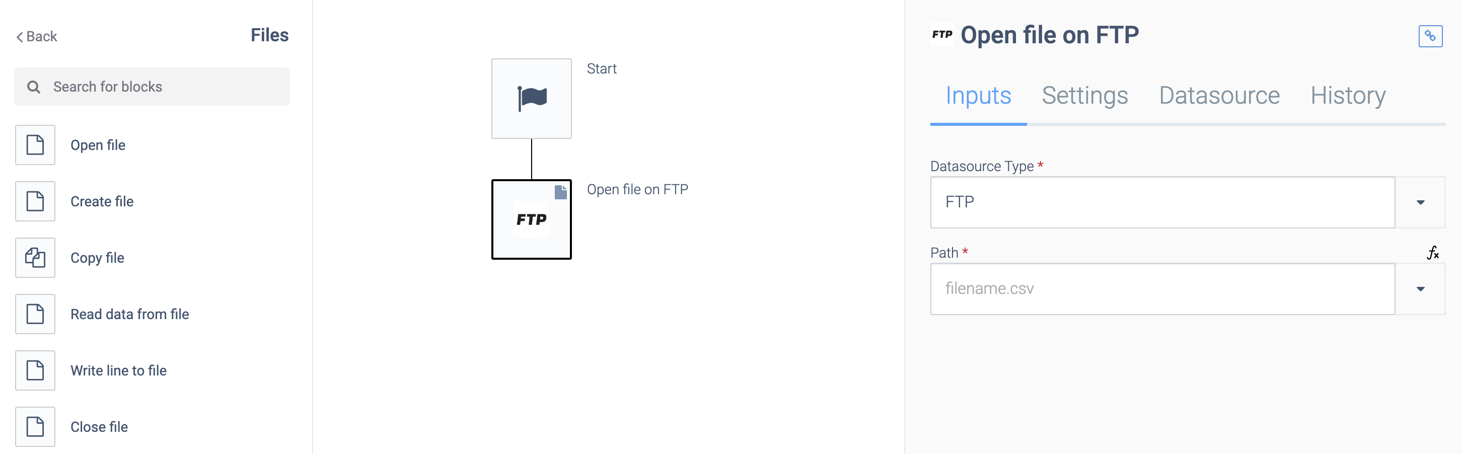 An example of an Open file on FTP block.
