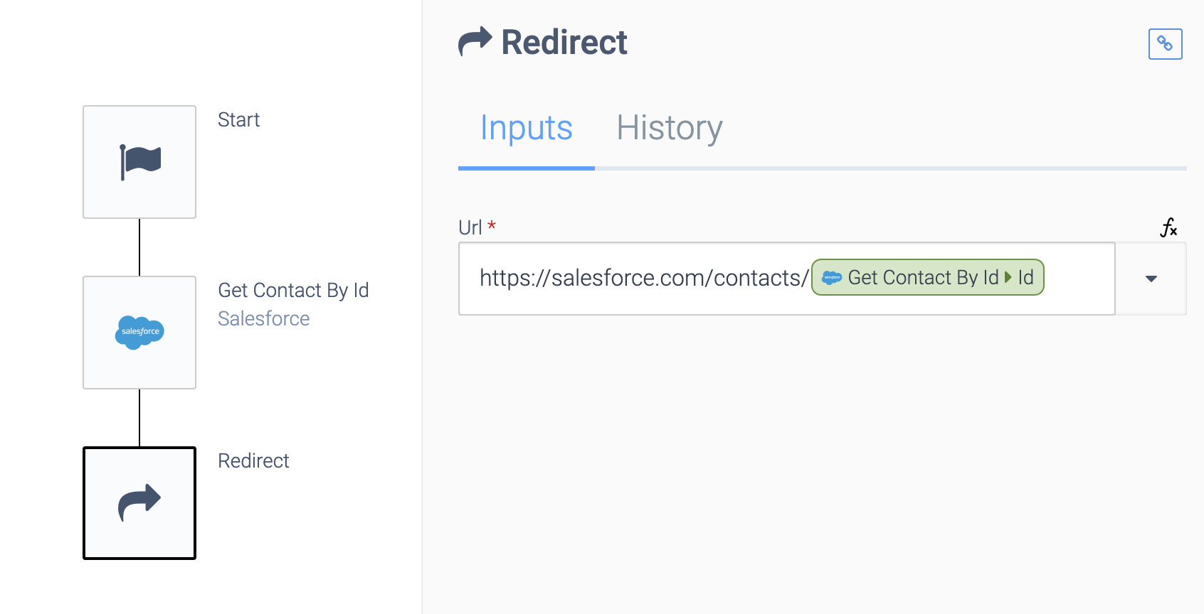 an automation consisting of a Start block, a Get Contact By Id block, and a Redirect block. The Redirect block is selected. The Url field is filled with a sample Url that is completed by data from the Get Contact By Id block.