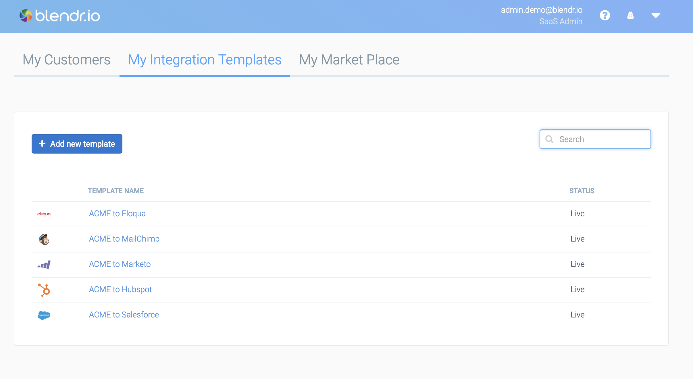 The My Integration Templates tab ofQlik Application Automation for OEM. The Add New Template button is at the top left.