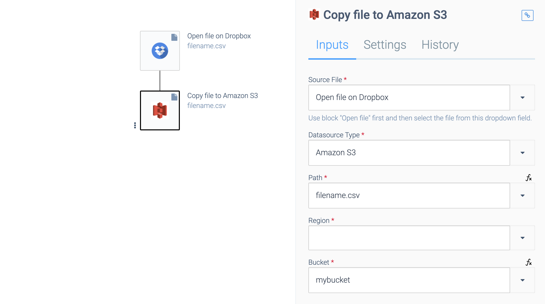 an automation consisting of an Open file on Dropbox block and a Copy file to Amazon S3 block.