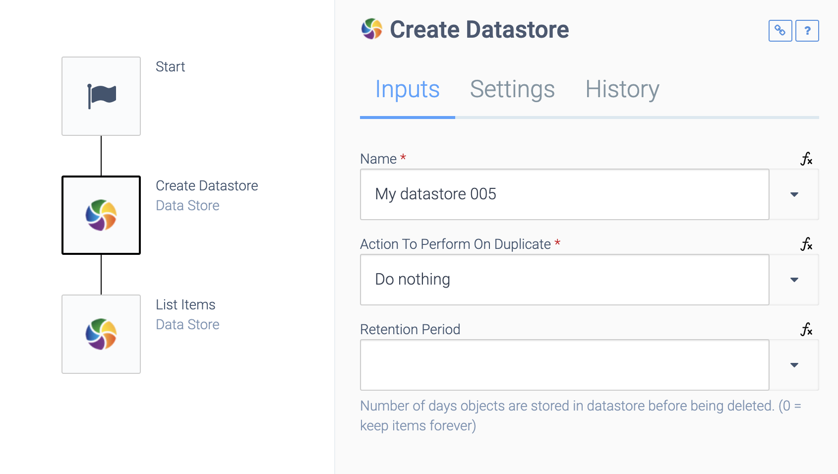 an automation consisting of a Start block, a Create Datastore block, and a List Items block. The Create Datastore block is selected. The Name field is set to My Datastore, and Action To Perform On Duplicate is set to Do nothing.