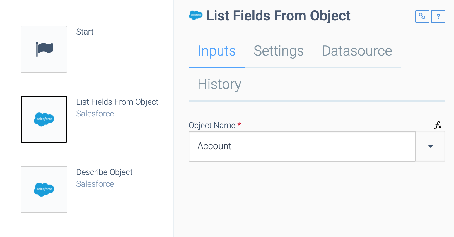 The List Fields From Object block and Describe Object block, both linked to Salesforce.