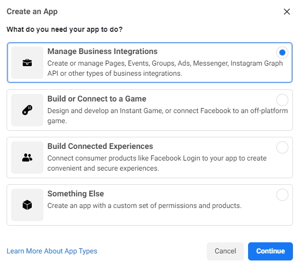 The Create an App page. Manage Business Integrations is selected.