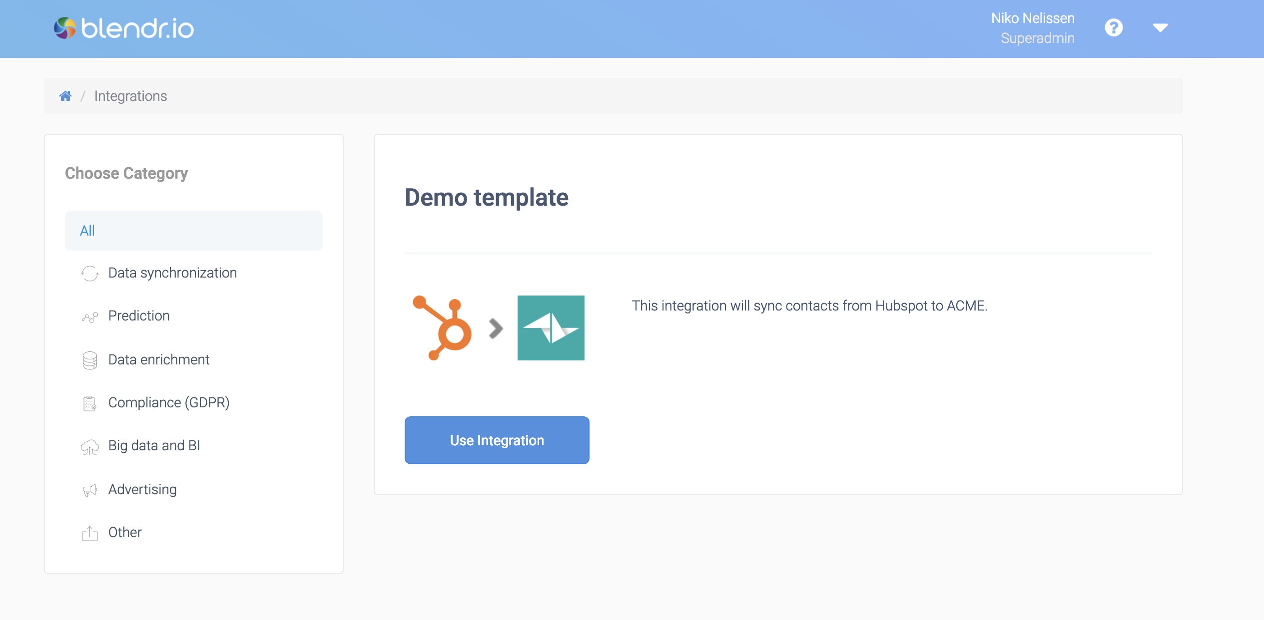 The Demo template is selected. A Use Integration button appears.