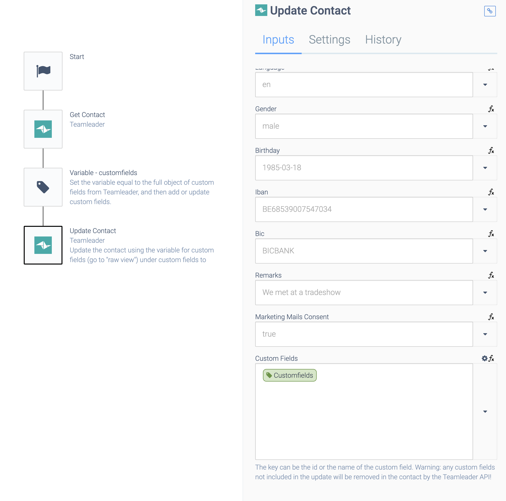 The Update Contact block is selected. The Customfields data is entered under Custom Fields.