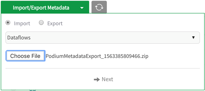 Selected export file displays in modal