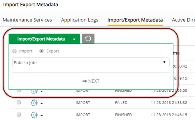 In import/export modal, select publish jobs from dropdown