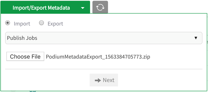 Selected export file will display in import/export modal