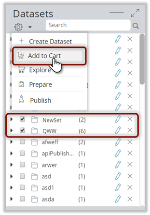 Add Datasets to Cart by selecting desired datasets and then "Add to Cart" through action dropdown