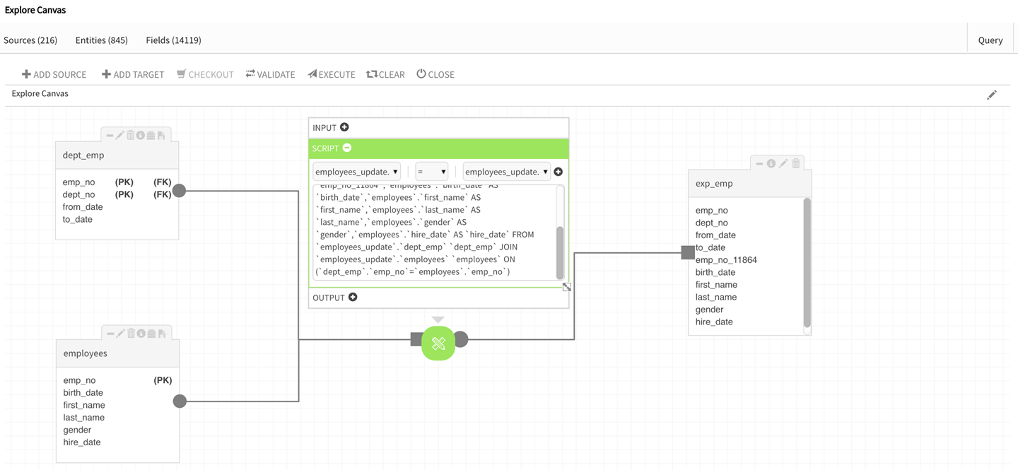 Example of an explore workflow; 2 source entities , explore script controller , created view.