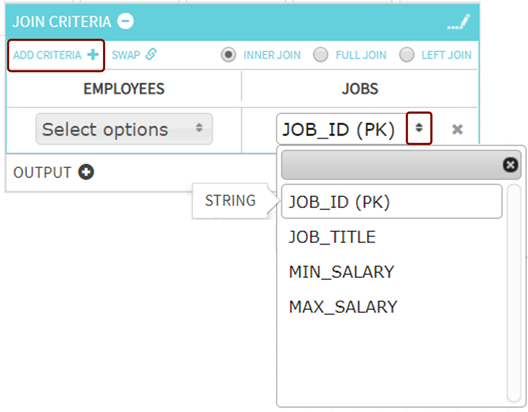 Add join criteria and select common columns from dropdown on which to join 2 entities