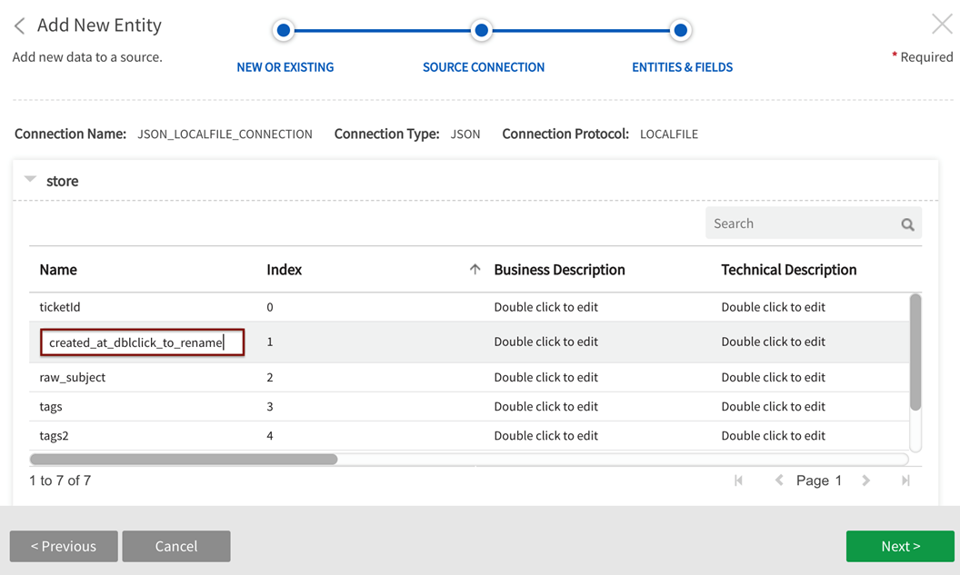 Fields metadata preview allows renaming of entities and business metadata