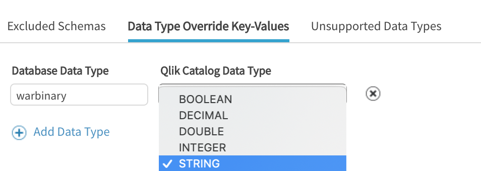 Enter database datatype and select qlik catalog datatype