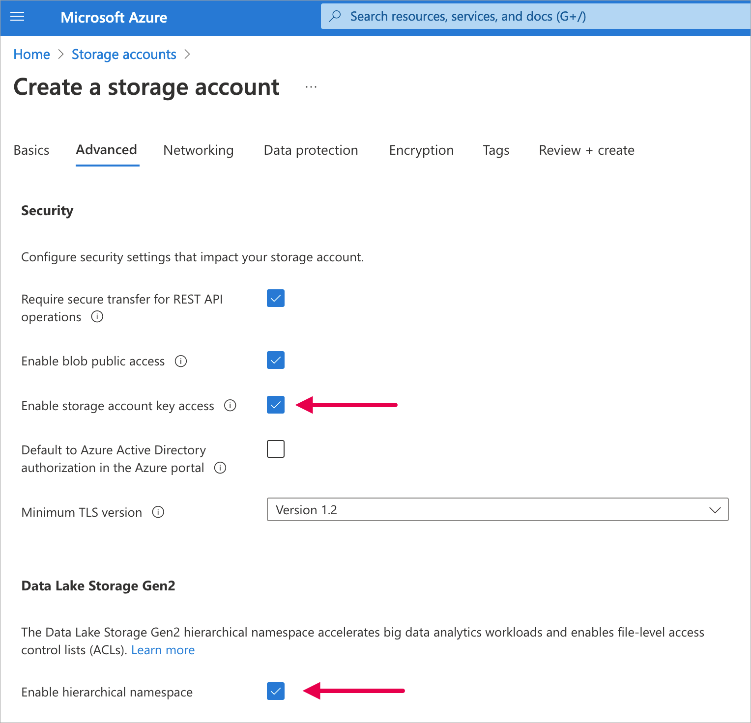 MS Azure storage setting requirements