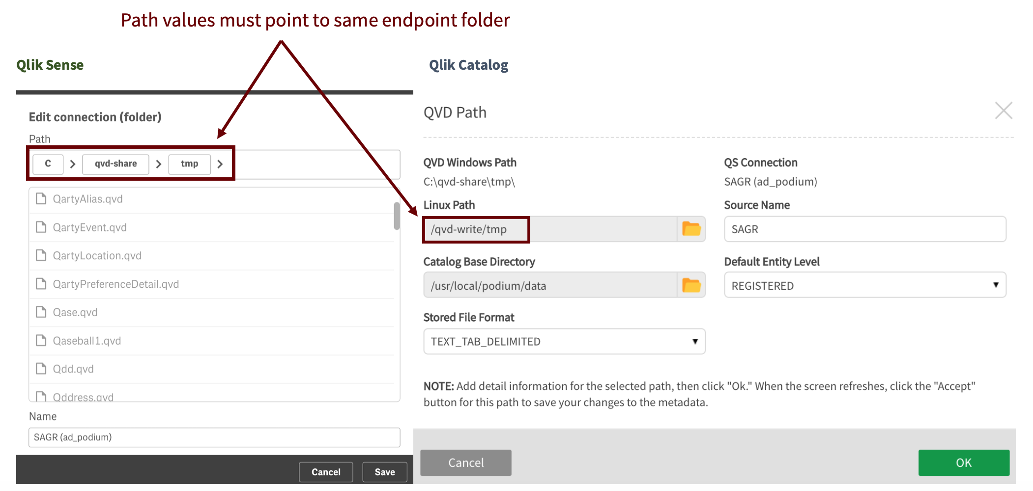 Ensure that Qlik Sense path and Catalog Linux path endpoint folder is the same