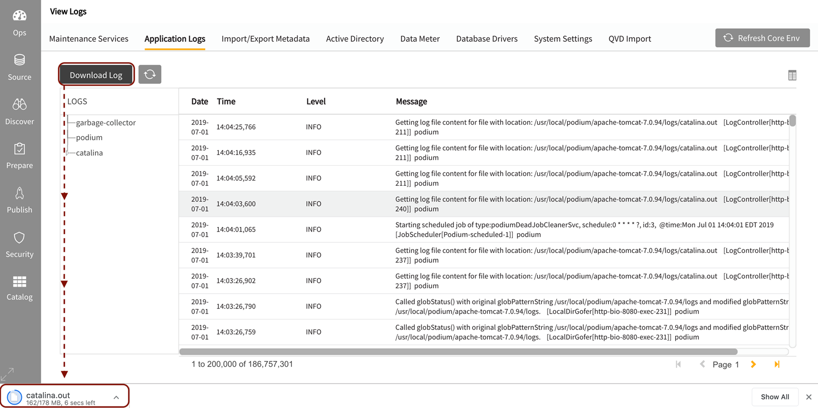 Click download logs button to save Catalina logs to local download folder