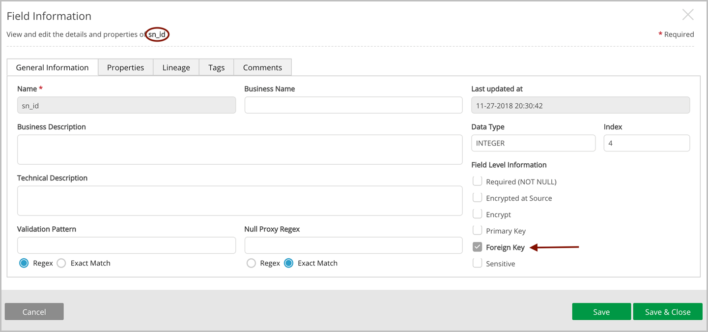 Foreign key is checked in field general information tab