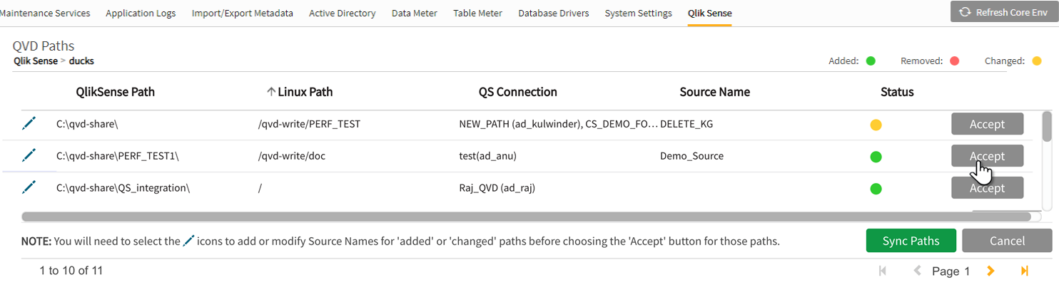 Select Accept to the right of each path entry to persist the connector path and QVD metadata