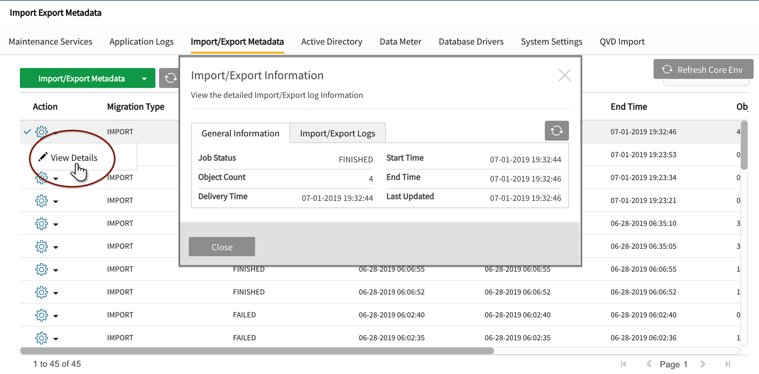 Select view details for detailed Import Export log information.