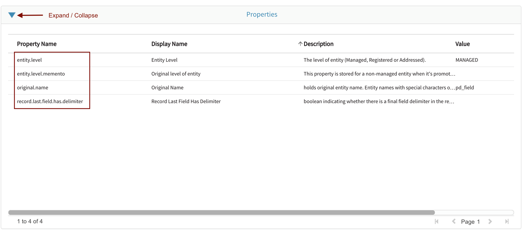 Expand or collapse carat icon to display or hide entity properties.