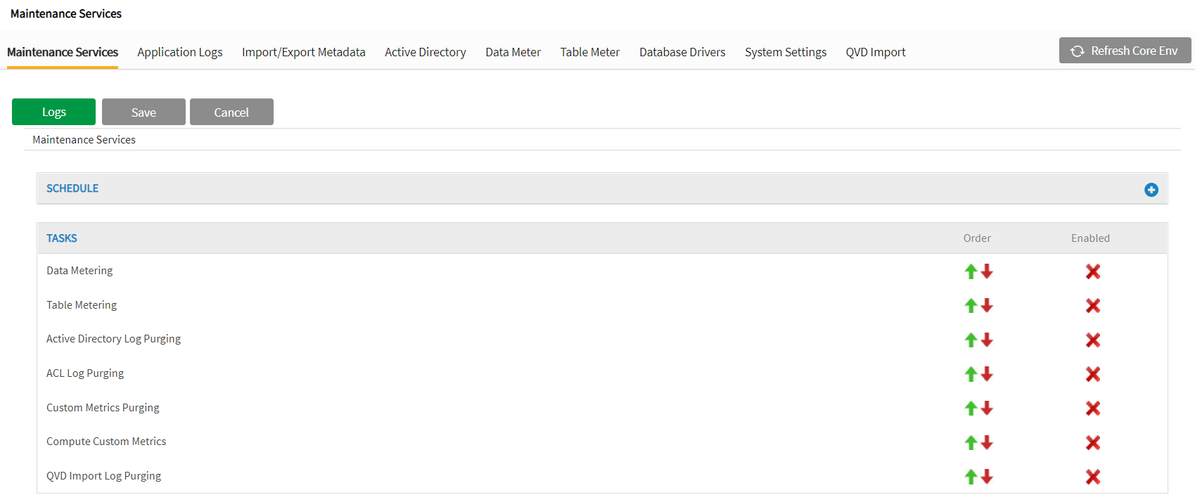 Maintenance services screen shows custom metrics purge or compute services.