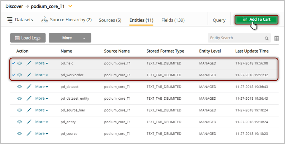  Adding entities to cart