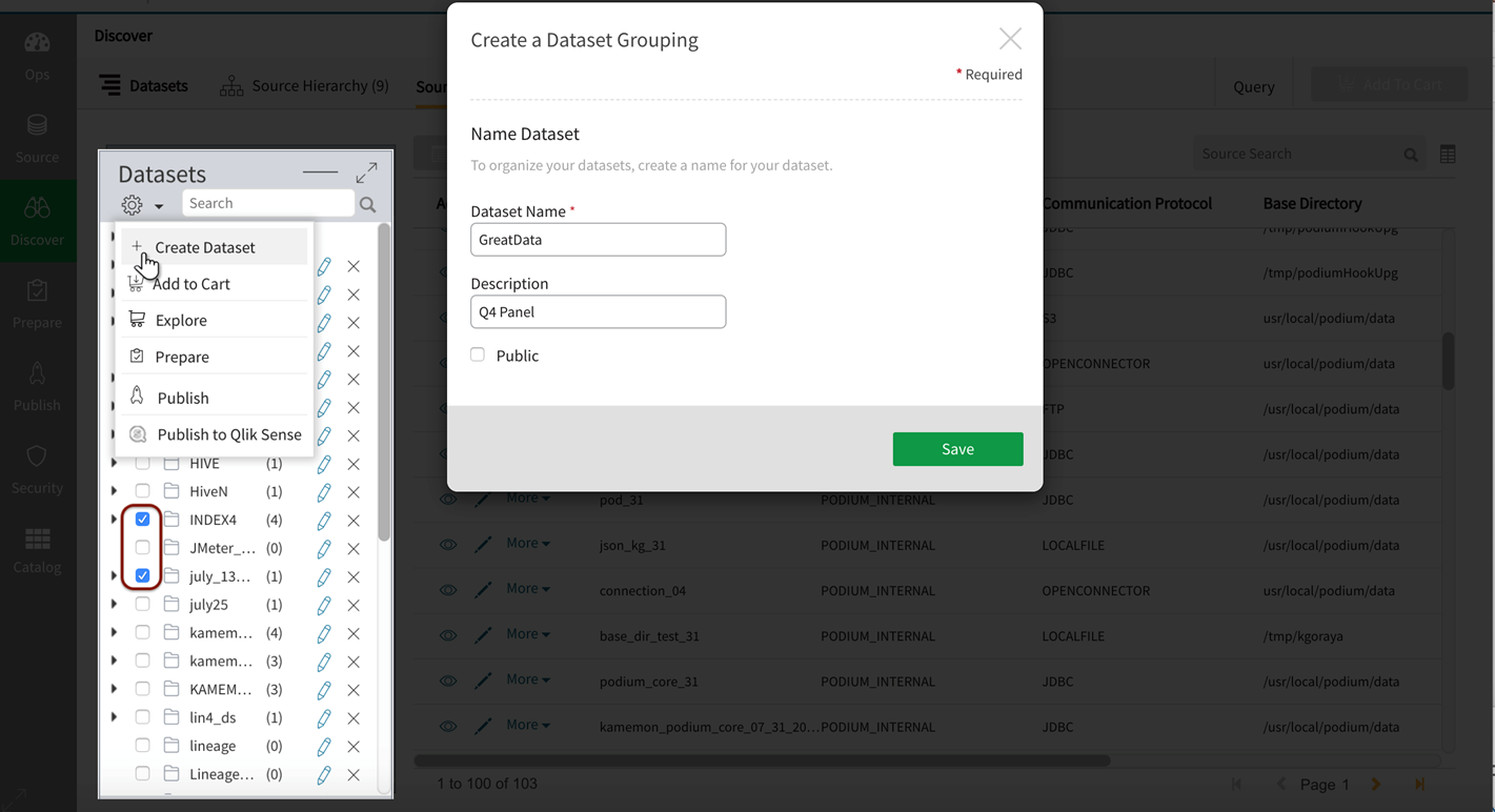 Create a dataset grouping by selecting and staging sources and entities