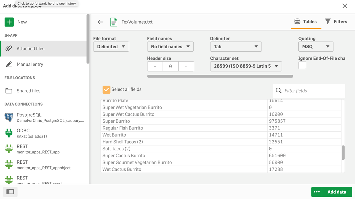 Qlik Sense data manager view