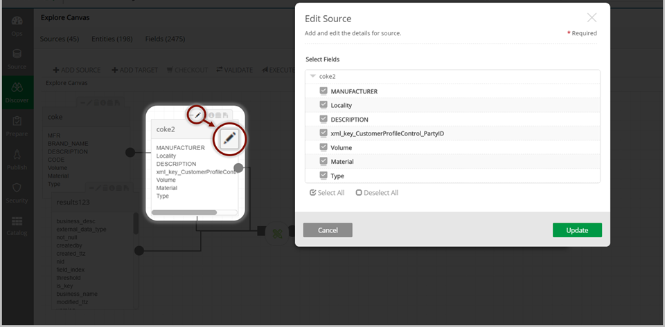 Unselect fields to exclude them from target entity view