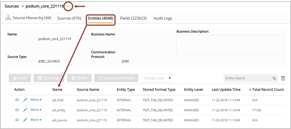 Carat to right of breadcrumb path is collapsed to hide detailed metadata for the object