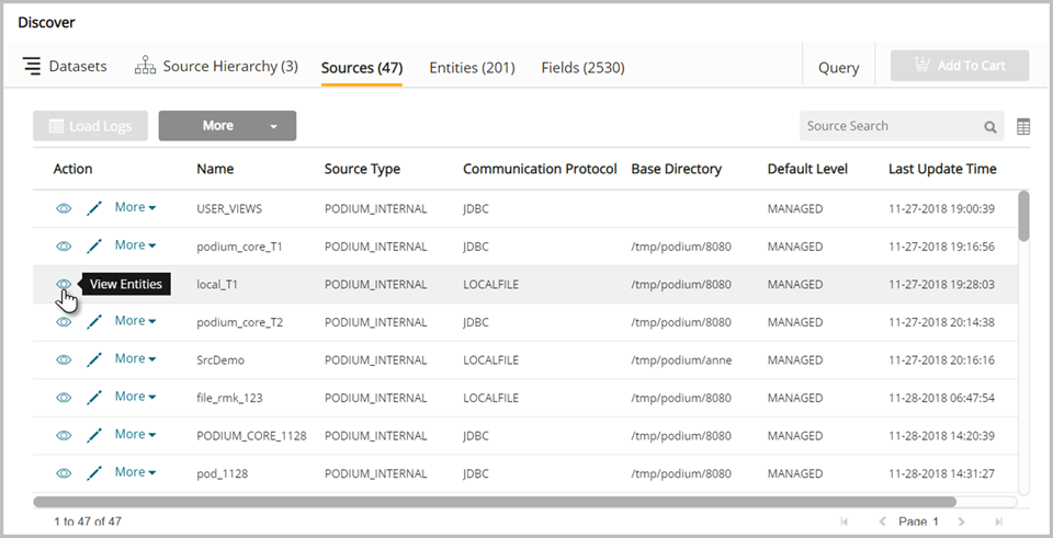 View entities in source 