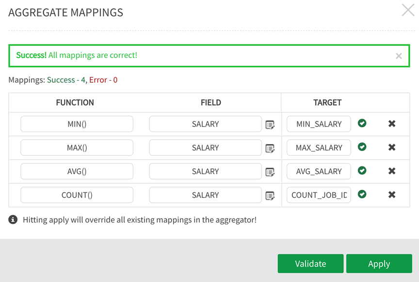Aggregate mappings indicate success or failure upon CSV upload
