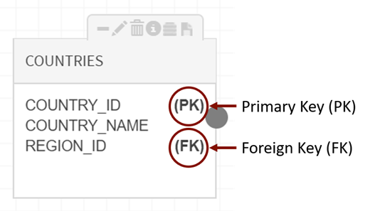 initials PK or FK display next to primary and foreign key fields in entity tabs