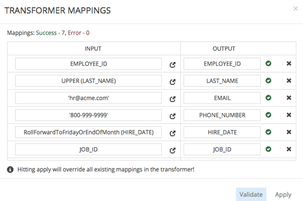 CSV upload status displays with success or error for each field transform